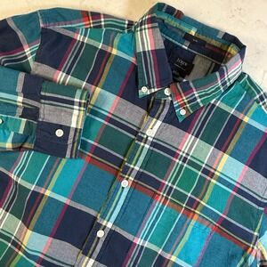 J.Crew Mens Shirt Slim Blue Green Summer Plaid Long Sleeve Button Collar L Prep